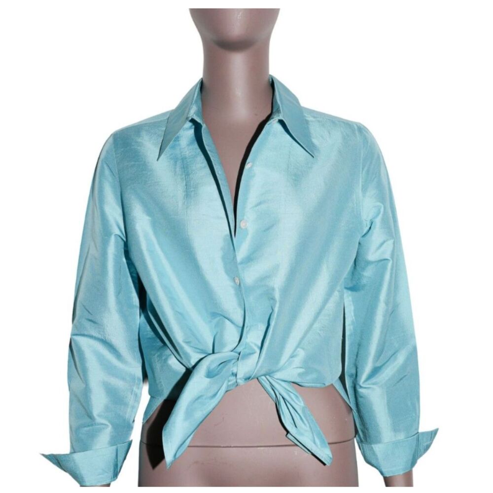 Blue Silk Button Down Shirt Long Sleeve Collared Blouse Chic Office Summer Small